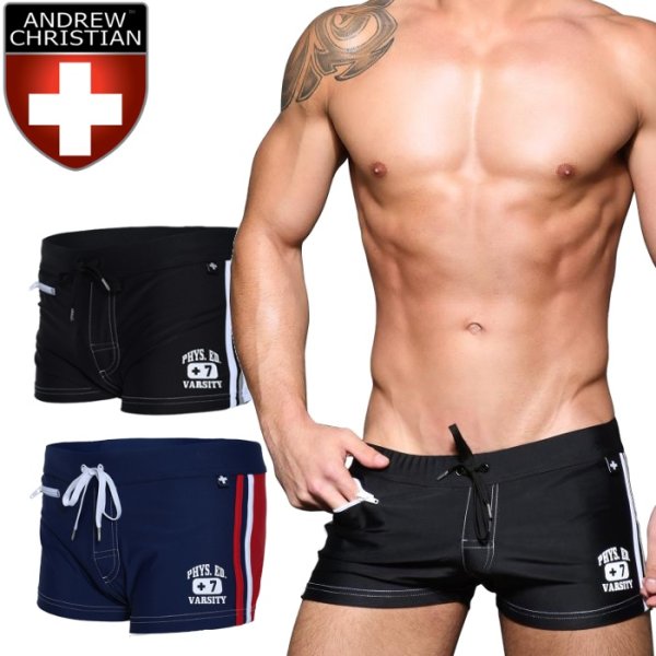 画像1: Andrew Christian【アンドリュークリスチャン】メンズ水着 海パン ブランド ショート丈 スイムショーツ Phys. Ed. Varsity Zipper Pocket Trunk