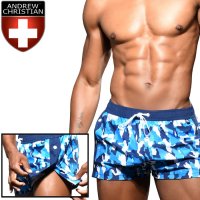 Andrew Christian【アンドリュークリスチャン】メンズ水着 海パン ブランド ショート丈 スイムショーツ Blue Camo Snap