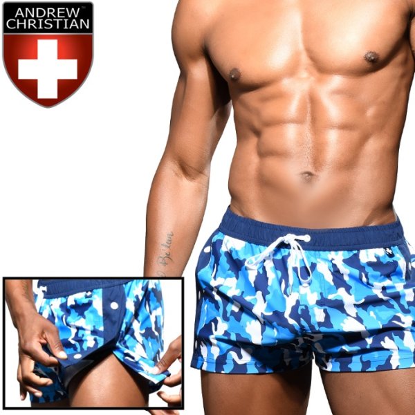 画像1: Andrew Christian【アンドリュークリスチャン】メンズ水着 海パン ブランド ショート丈 スイムショーツ Blue Camo Snap