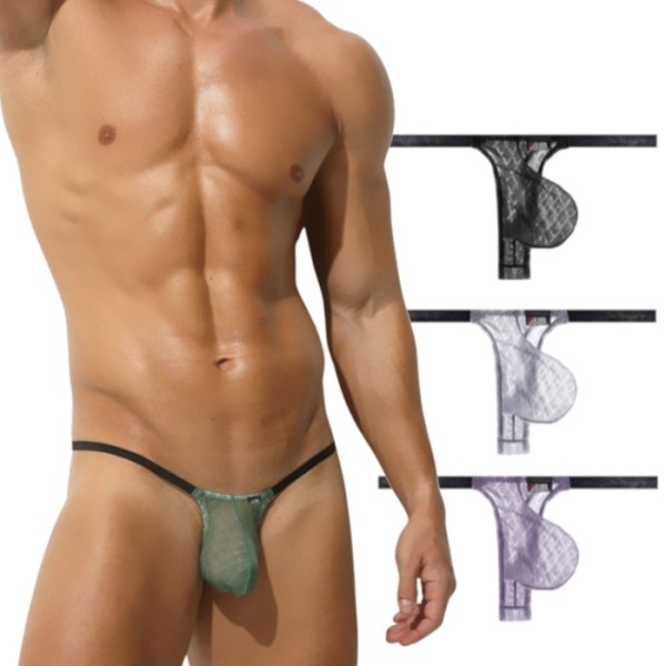 画像1: AeeeYeee メンズ Tバック シースルー セクシー 極薄 シルクタッチ スポーツ エロパン 幾何学模様 極小インナー 男性下着