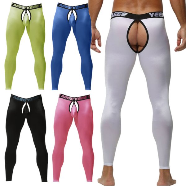 画像1: AeeeYeee メンズ タイツ オープンヒップ フロントポーチ取り外し可 シースルー 穴あき 極薄 レギンス 2way シルク肌触り セクシー インナー 全5色