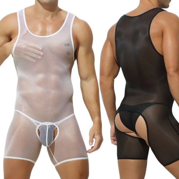 画像1: AeeeYeee メンズ ボディスーツ シースルー ストレッチ インナー セクシー 極薄 シルク肌触り ルームウェア 男性下着