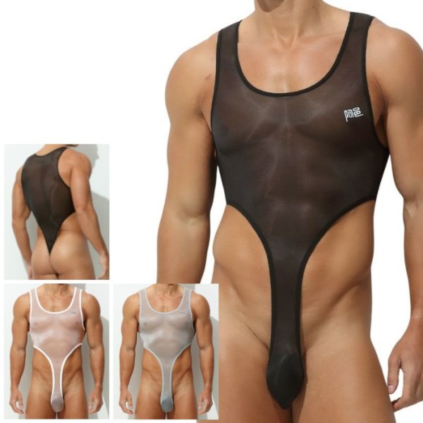 画像1: AeeeYeee メンズ シングレット ボディスーツ 極細ストリング ハイレグ シースルー Tバック 極薄 シルク肌触り セクシーインナー ルームウェア ステージ衣装 男性下着