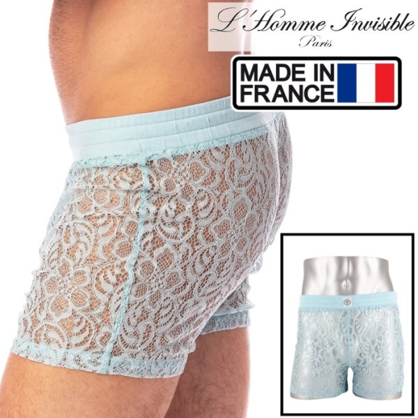 画像1: L'Homme Invisible【ロームアンヴィジーブル】 トランクス 男性下着 メンズインナー ルームウェア Fleur d'Ether Blue レース メッシュ ラウンジ・ショーツ