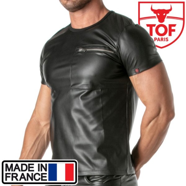 画像1: TOF Paris【TOFパリ】メンズ Ｔシャツ フェティッシュ フェイクレザー レザー風　シャツ フランス製 フェチ KINKY ZIPPED ポケットＴシャツ