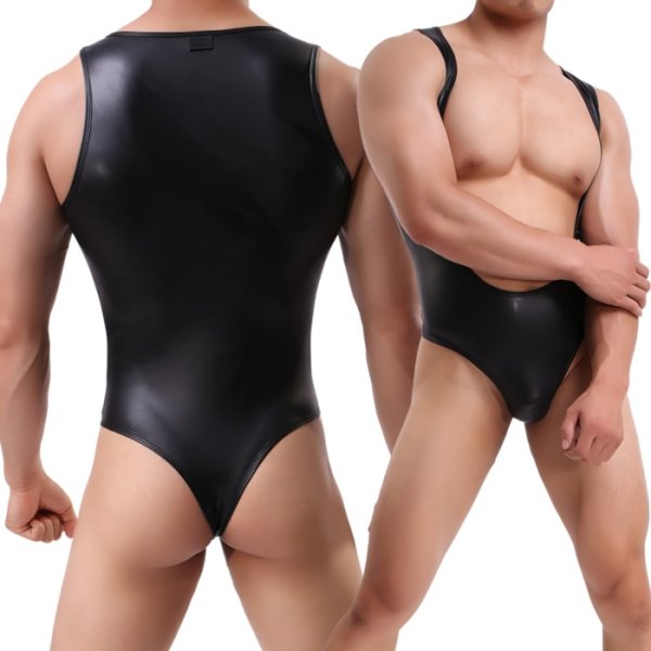 画像6: WowHomme 男性シングレット ハイレッグ メンズ一体型ボディスーツ レザー風 合皮シングレット フェイクレザー レスリングウェア風 彼氏プレゼント 男性下着