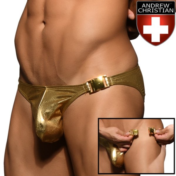 画像1: Andrew Christian【アンドリュークリスチャン】  男性水着 ブーメラン ビキニ 競泳パンツUNLEASHED Golden Buckle Bikini (1)