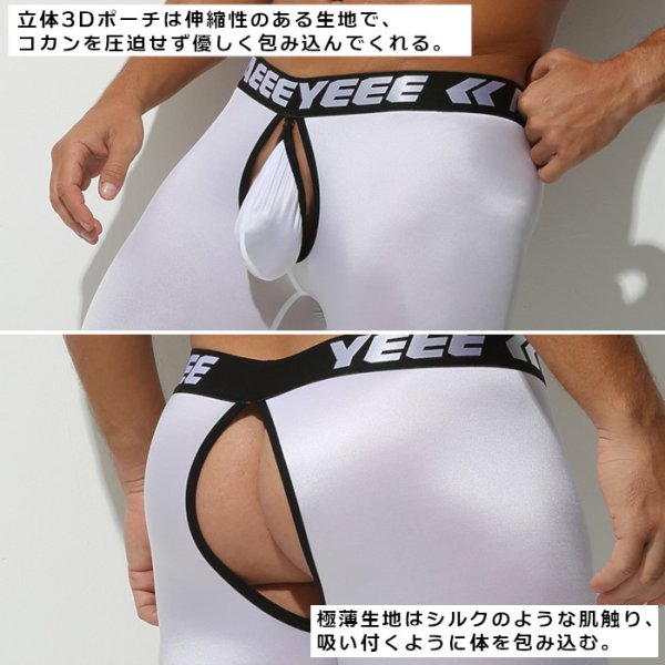 画像15: AeeeYeee メンズ タイツ オープンヒップ フロントポーチ取り外し可 シースルー 穴あき 極薄 レギンス 2way シルク肌触り セクシー インナー 全5色 (15)