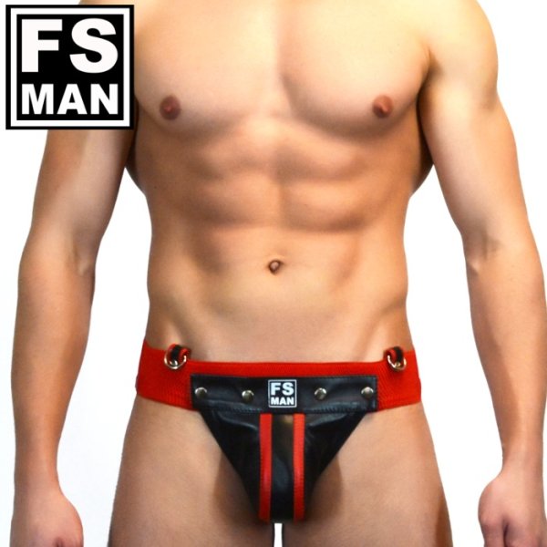 画像1: FS Man【エフエスマン】男性用本革ジョックストラップ ケツワレ ケツ割れ  Elastic Band Red (1)