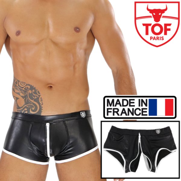 画像1: TOF Paris【TOFパリ】ボクサーパンツ 合皮・フェイクレザージッパー全開ボクサー FETISH FULL-ZIP  ブラック/ ホワイト (1)