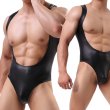 画像4: WowHomme 男性シングレット ハイレッグ メンズ一体型ボディスーツ レザー風 合皮シングレット フェイクレザー レスリングウェア風 彼氏プレゼント 男性下着 (4)